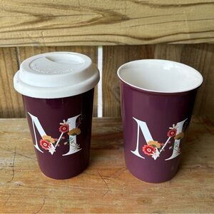 Set of 2 Orly Maison Floral Monogram Initial M  Burgundy Ceramic Tumblers & Lid